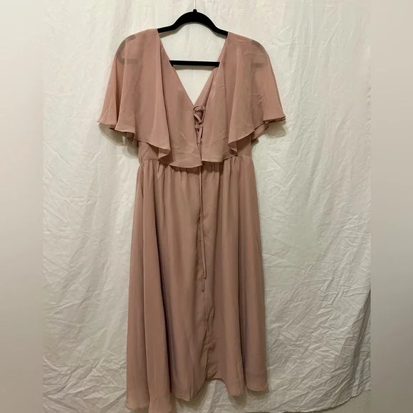 New JJ's House V-Neck Chiffon Lace Up Back Midi Dress in Pink Size Large - Picture 7 of 7